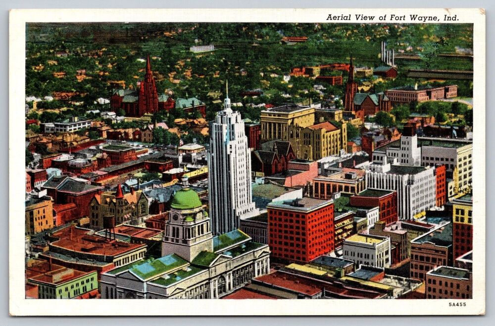 Vtg Linen Postcard Fort Wayne Indiana Aerial View Lincoln Tower 1935 Curt Teich